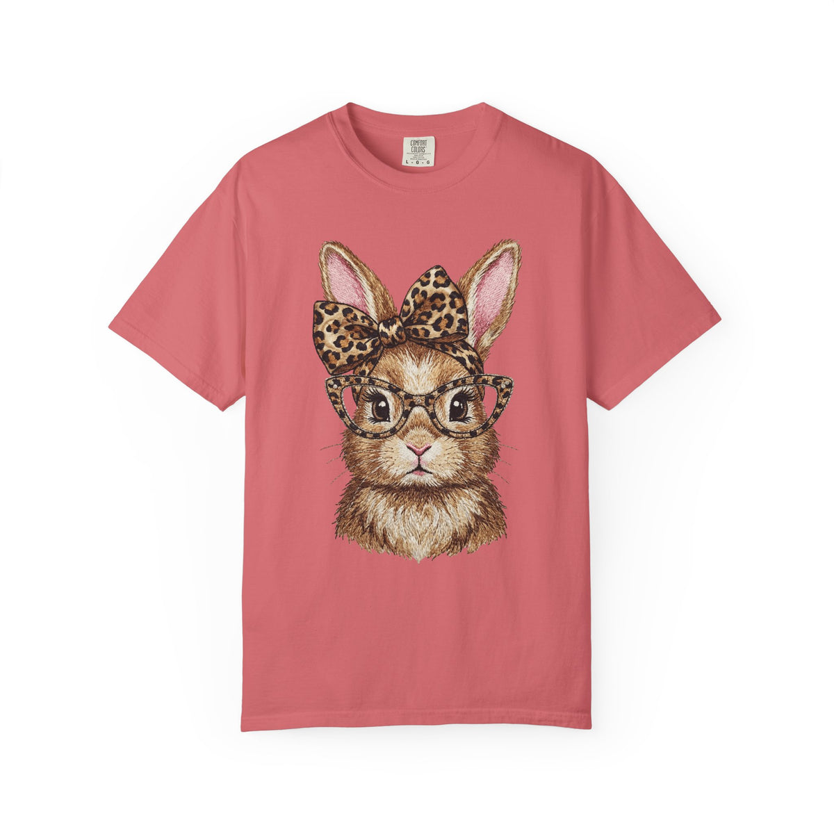 Bunny with Leopard Bow and Glasses - Comfort Colors | Trendy Women's T-Shirt. Direct to Garment. Printed & Shipped in the USA. Unisex Sizes.