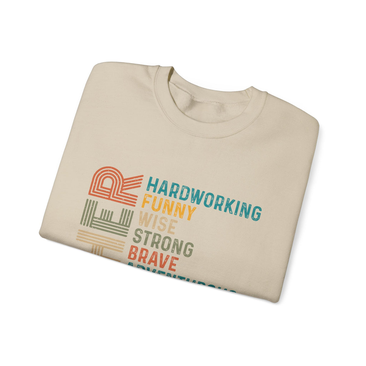 Father: Hardworking, Funny, Wise – Gildan Heavy Blend | Trendy Men's Soft Sweatshirt. Direct to Garment. Printed & Shipped in the USA. Unisex Sizes.