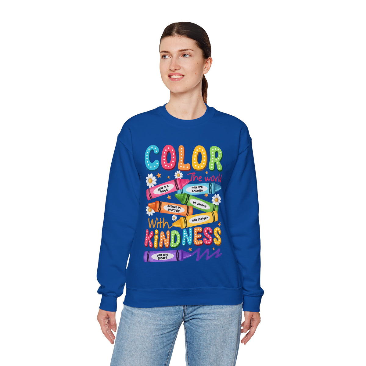 Color the World With Kindness Crayons, Great Teacher Gift – Gildan Heavy Blend | Trendy Women’s and Men's Soft Sweatshirt. Direct to Garment. Printed & Shipped in the USA. Unisex Sizes.