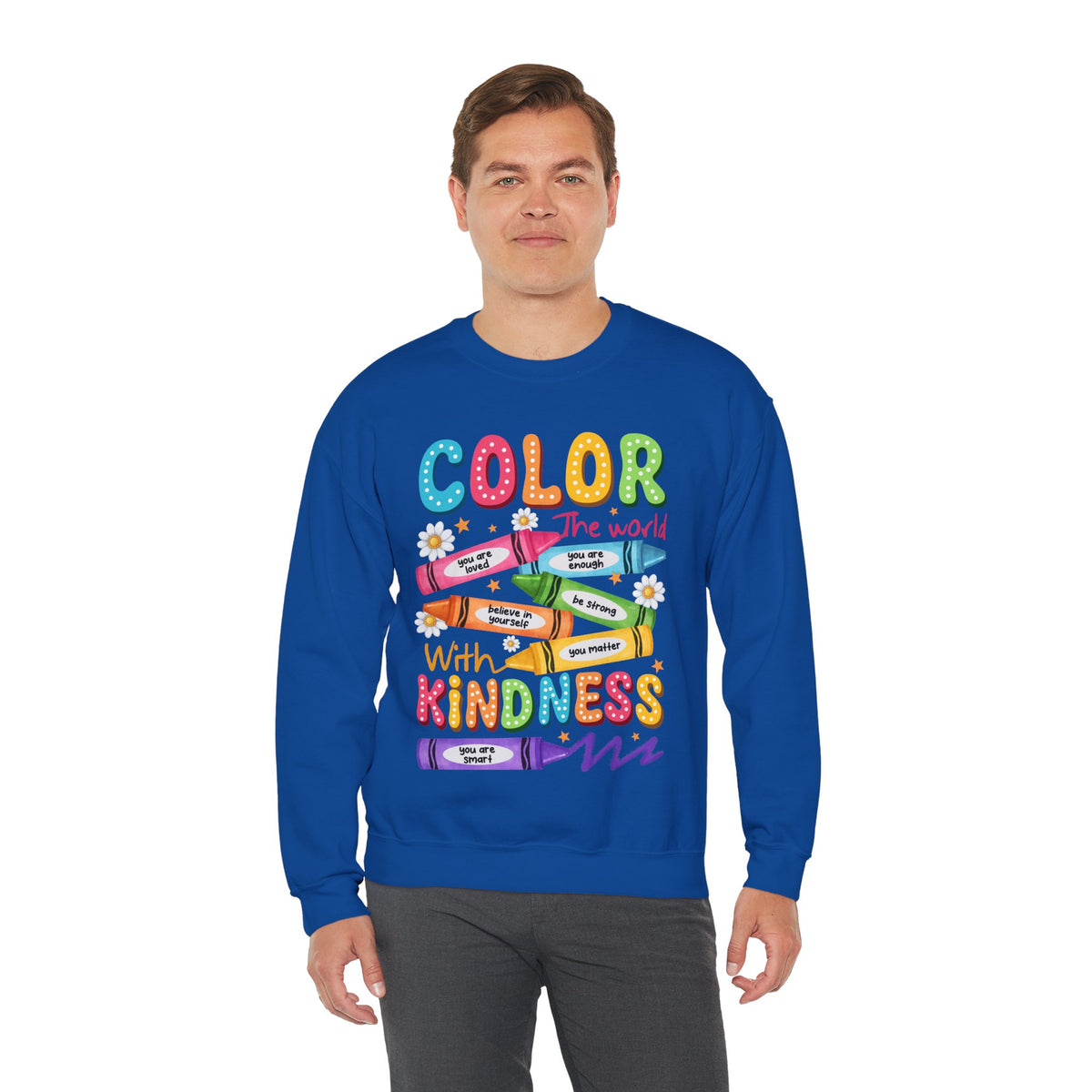 Color the World With Kindness Crayons, Great Teacher Gift – Gildan Heavy Blend | Trendy Women’s and Men's Soft Sweatshirt. Direct to Garment. Printed & Shipped in the USA. Unisex Sizes.