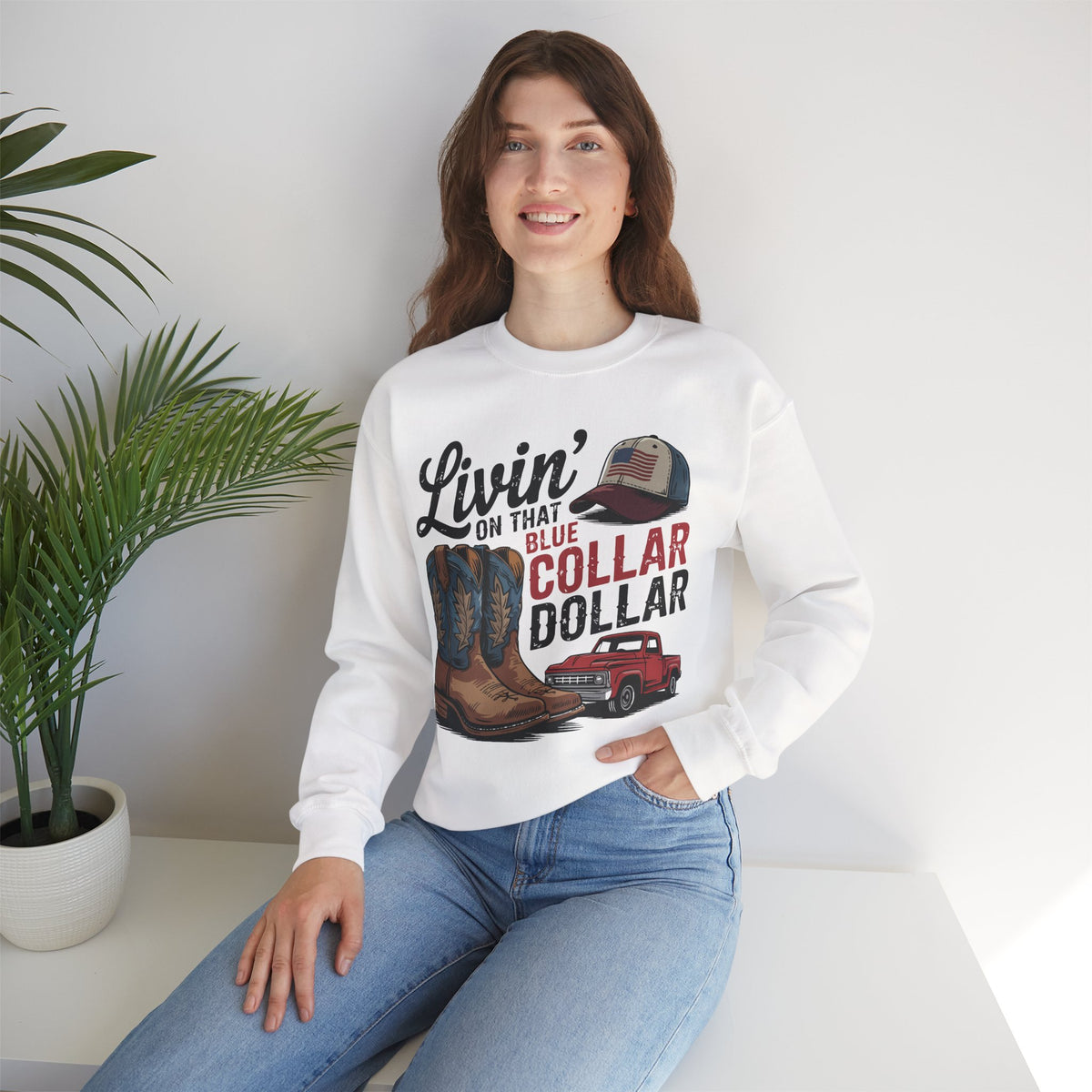 Livin' on That Blue Collar Dollar, Boots and Work Truck – Gildan Heavy Blend | Trendy Men's and Women’s Soft Sweatshirt. Direct to Garment. Printed & Shipped in the USA. Unisex Sizes.
