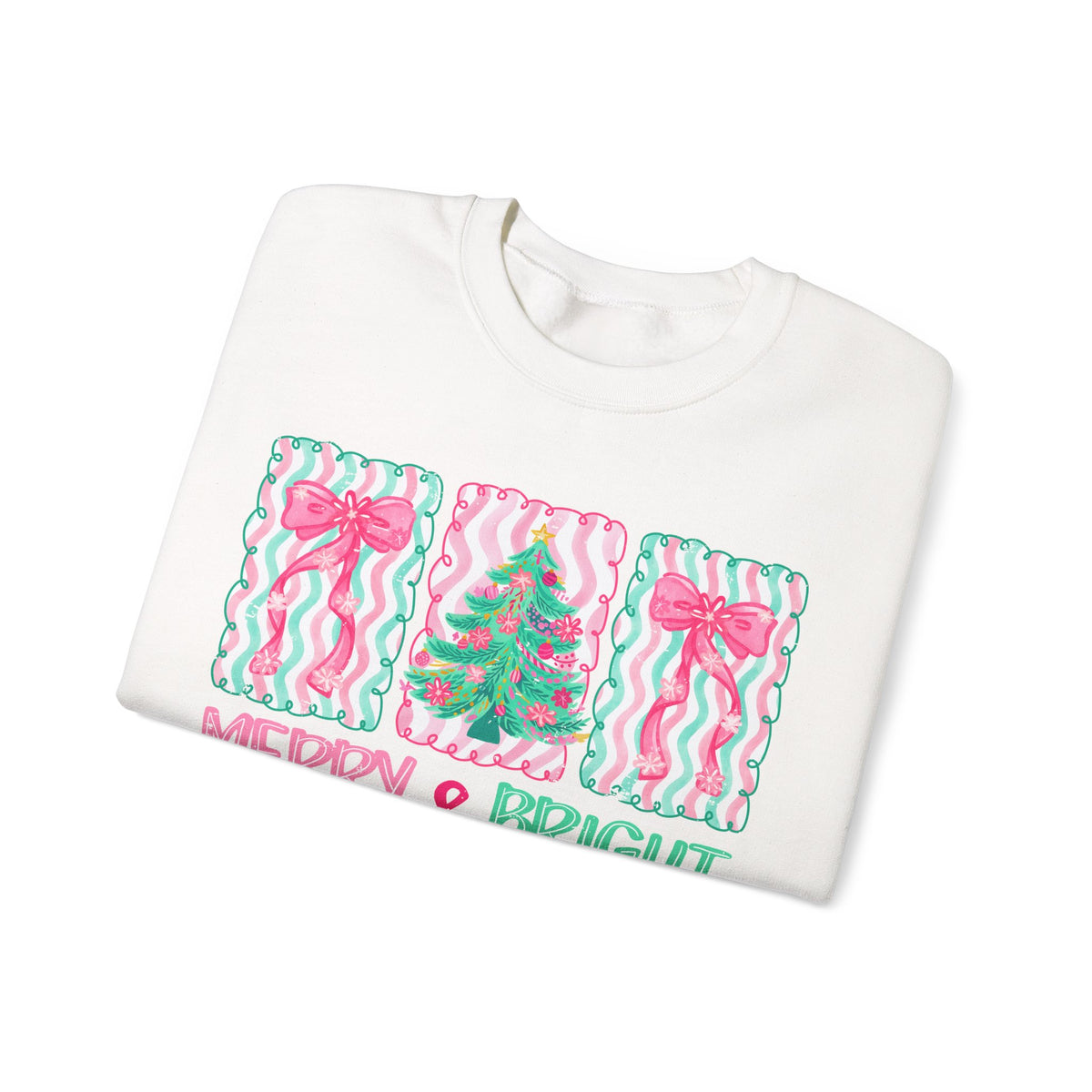 Merry & Bright Christmas - Pink & Green Holiday Tree Design – Gildan Heavy Blend | Trendy Women’s Soft Sweatshirt. Direct to Garment. Printed & Shipped in the USA. Unisex Sizes.