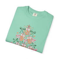 Merry and Caffeinated Iced Coffee Christmas Tree - Comfort Colors | Trendy Women's T-Shirt. Direct to Garment. Printed & Shipped in the USA. Unisex Sizes.