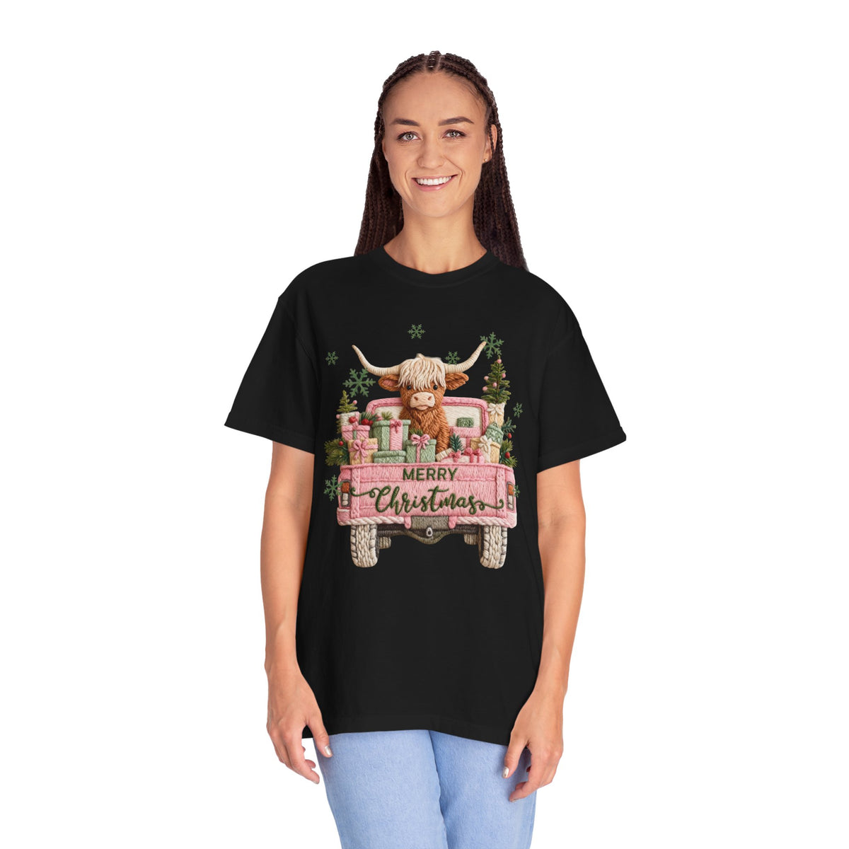 Highland Cow in Pink Truck Merry Christmas Holiday Farmhouse - Comfort Colors | Trendy Women's T-Shirt. Direct to Garment. Printed & Shipped in the USA. Unisex Sizes.