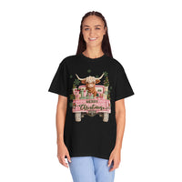 Highland Cow in Pink Truck Merry Christmas Holiday Farmhouse - Comfort Colors | Trendy Women's T-Shirt. Direct to Garment. Printed & Shipped in the USA. Unisex Sizes.
