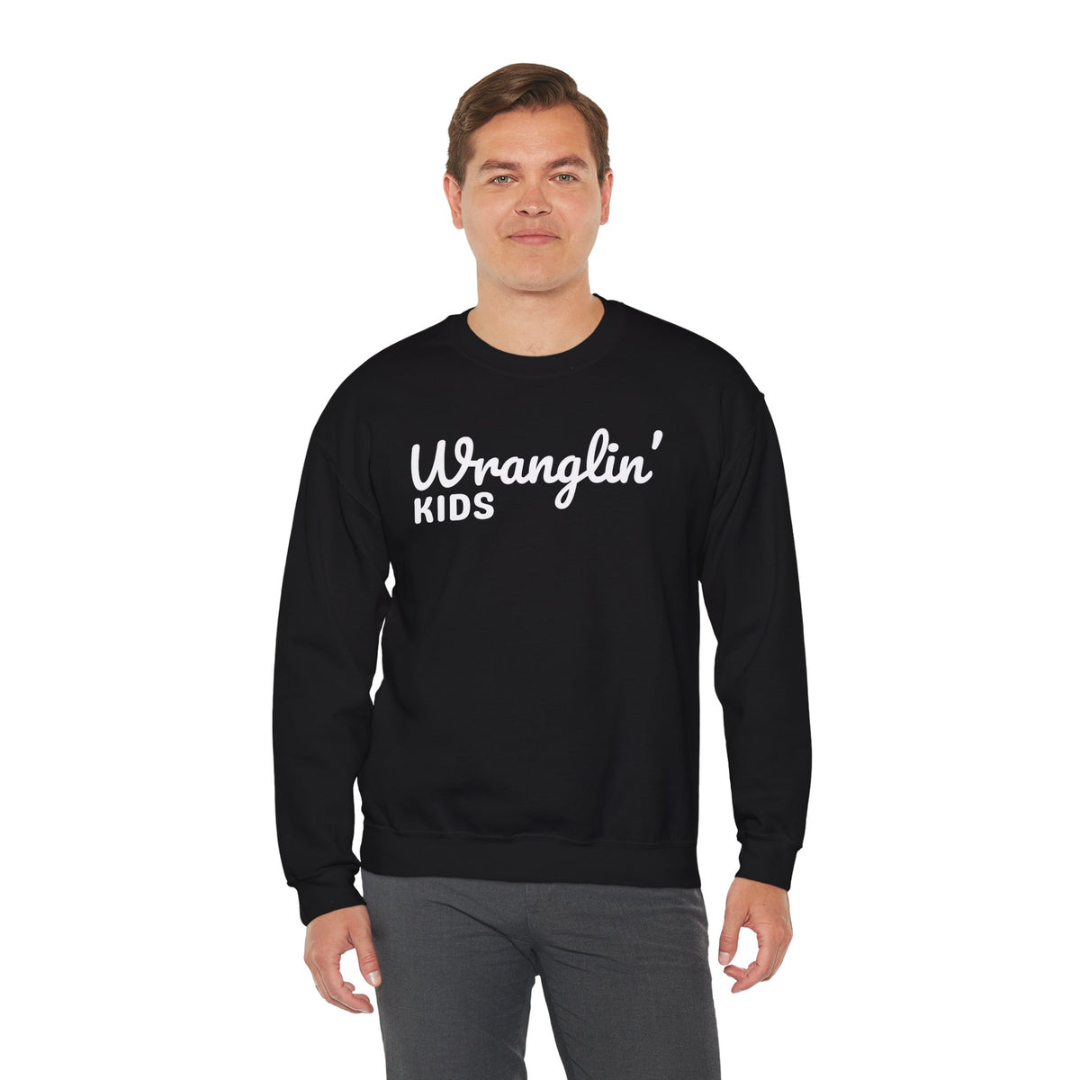 Wranglin' Kids Funny Mom Dad – Gildan Heavy Blend | Trendy Women’s and Men's Soft Sweatshirt. Direct to Garment. Printed & Shipped in the USA. Unisex Sizes.