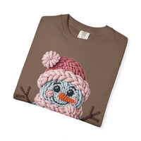 Cute Yarn Snowman - Pink Scarf - Comfort Colors | Trendy Women's T-Shirt. Direct to Garment. Printed & Shipped in the USA. Unisex Sizes.