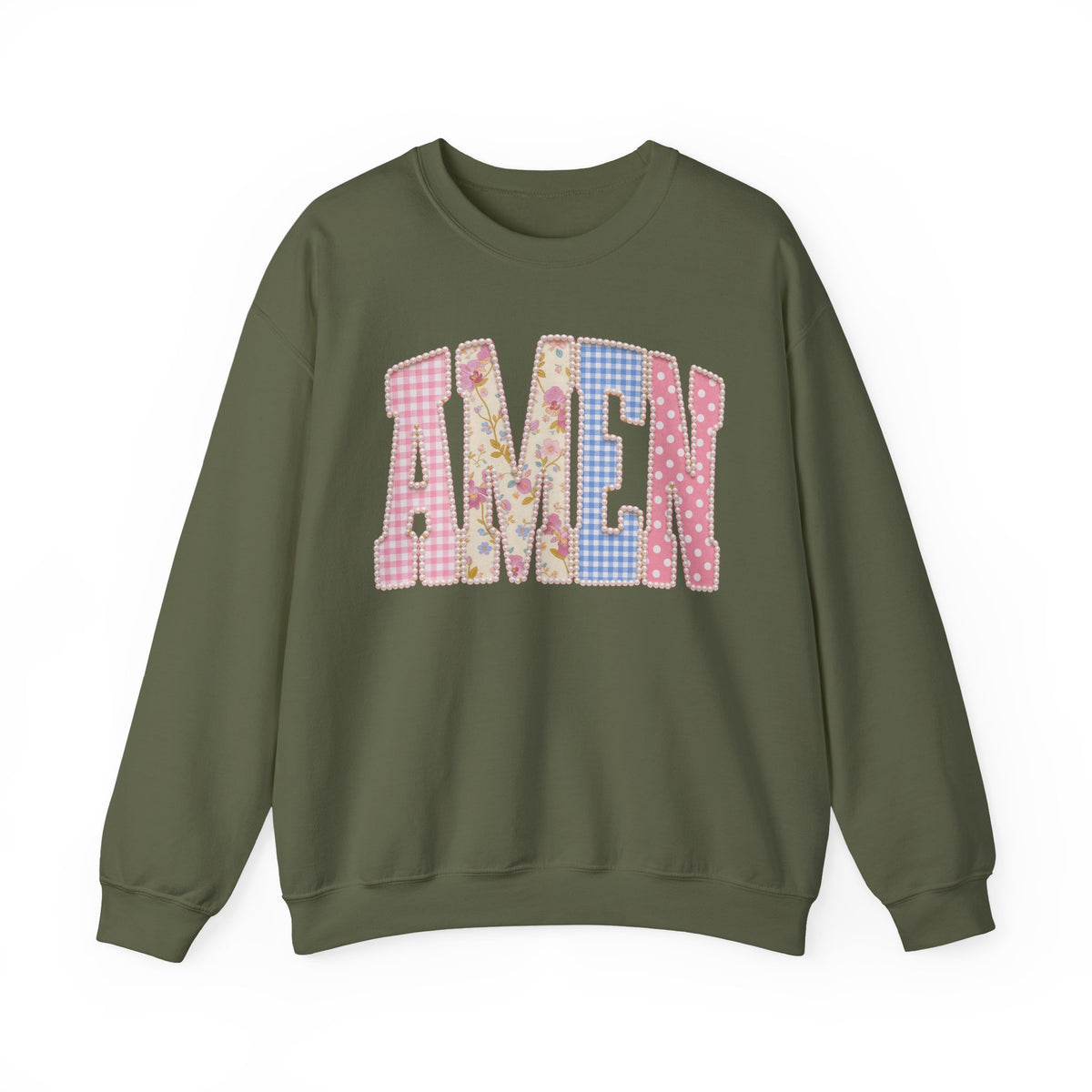 Pastel faux Patchwork AMEN with faux Pearls – Gildan Heavy Blend | Trendy Women’s Soft Sweatshirt. Direct to Garment. Printed & Shipped in the USA. Unisex Sizes.