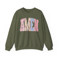 Pastel faux Patchwork AMEN with faux Pearls – Gildan Heavy Blend | Trendy Women’s Soft Sweatshirt. Direct to Garment. Printed & Shipped in the USA. Unisex Sizes.
