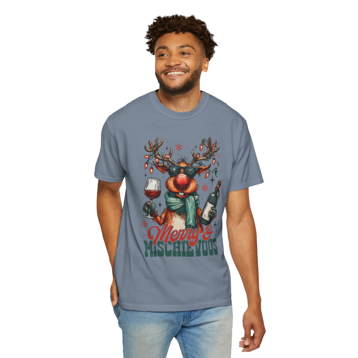 Merry & Mischievous Reindeer - Comfort Colors | Trendy Women's and Men's T-Shirt. Direct to Garment. Printed & Shipped in the USA. Unisex Sizes.