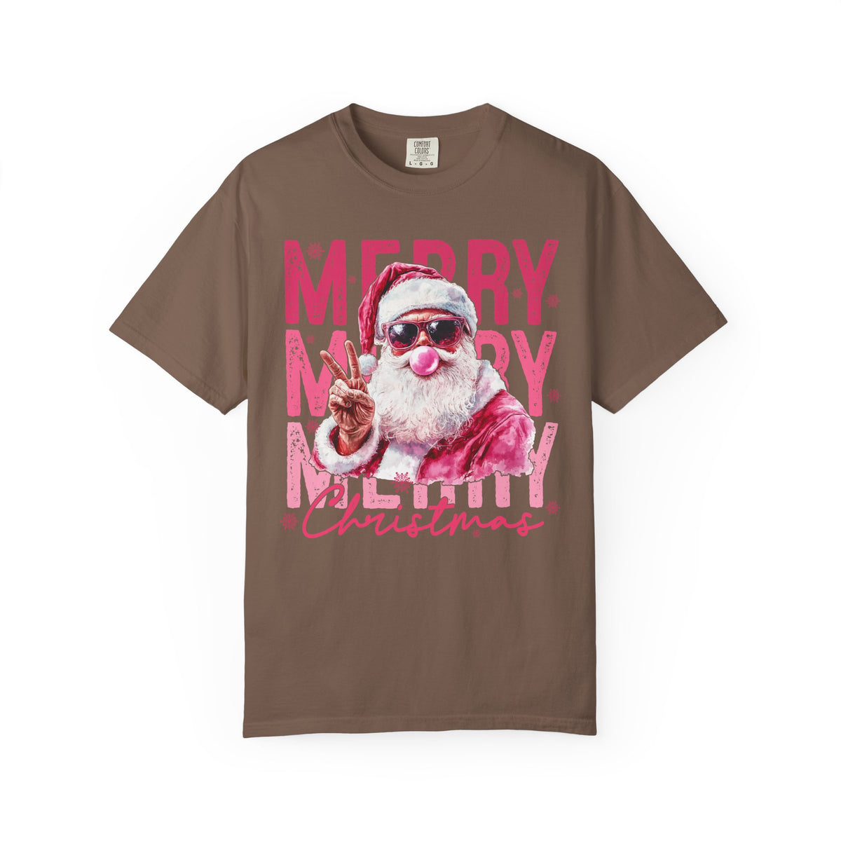 Pink Merry Christmas Bubblegum Santa - Comfort Colors | Trendy Women's T-Shirt. Direct to Garment. Printed & Shipped in the USA. Unisex Sizes.