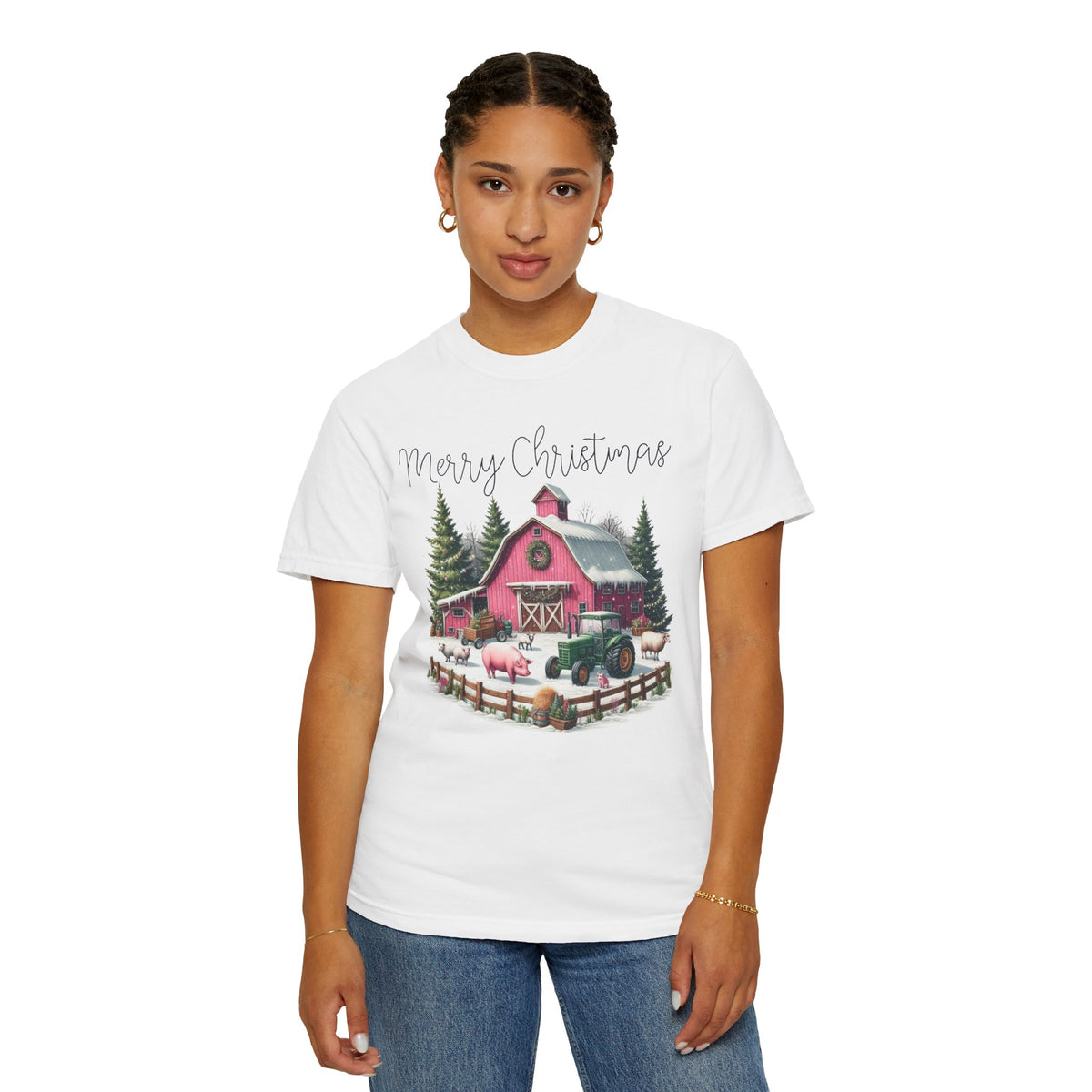 Merry Christmas Pink Barn Farm Animals - Comfort Colors | Trendy Women's T-Shirt. Direct to Garment. Printed & Shipped in the USA. Unisex Sizes.