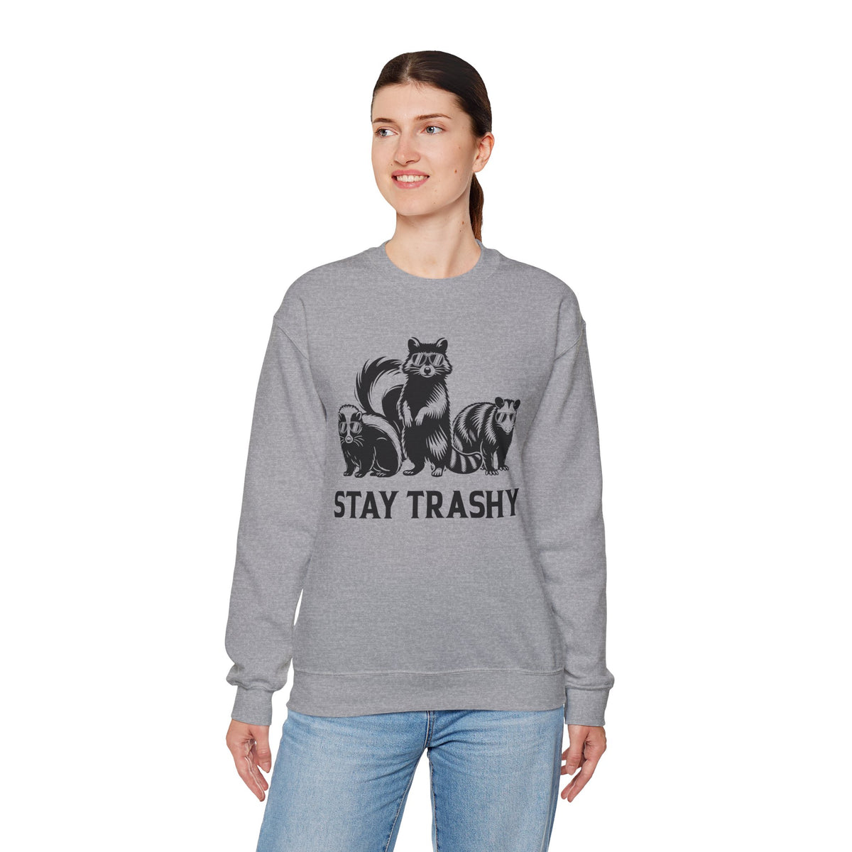 Stay Trashy, Skunk Raccoon Possum – Gildan Heavy Blend | Trendy Women’s and Men's Soft Sweatshirt. Direct to Garment. Printed & Shipped in the USA. Unisex Sizes.