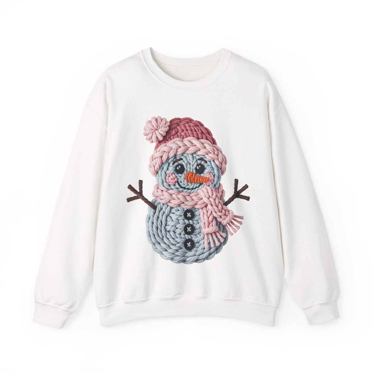 Cute Yarn Snowman - Pink Scarf Faux Yarn – Gildan Heavy Blend | Trendy Women’s Soft Sweatshirt. Direct to Garment. Printed & Shipped in the USA. Unisex Sizes.