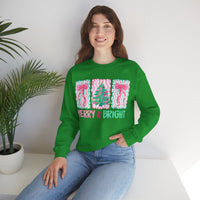 Merry & Bright Christmas - Pink & Green Holiday Tree Design – Gildan Heavy Blend | Trendy Women’s Soft Sweatshirt. Direct to Garment. Printed & Shipped in the USA. Unisex Sizes.