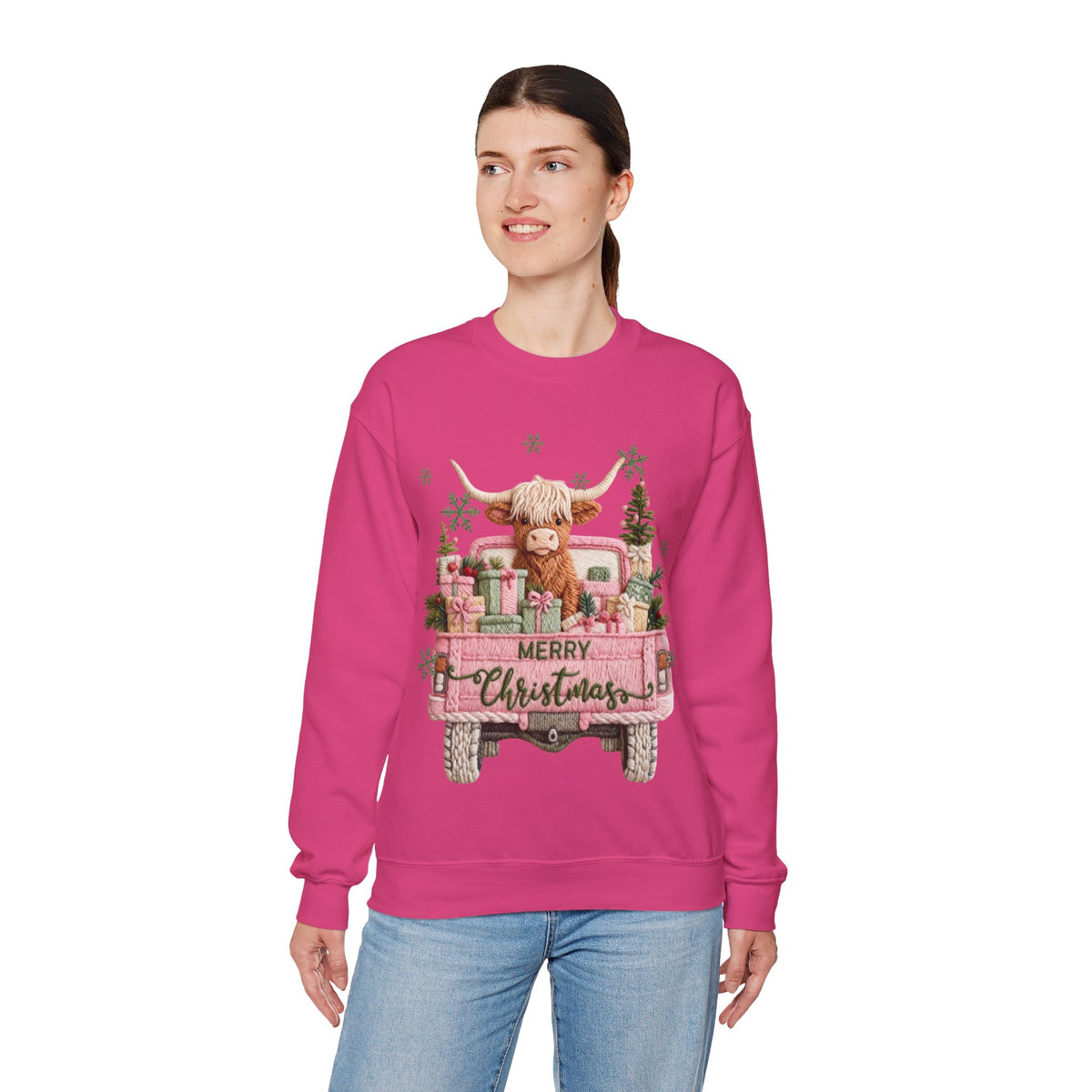 Highland Cow in Pink Truck Merry Christmas Holiday Farmhouse – Gildan Heavy Blend | Trendy Women’s Soft Sweatshirt. Direct to Garment. Printed & Shipped in the USA. Unisex Sizes.