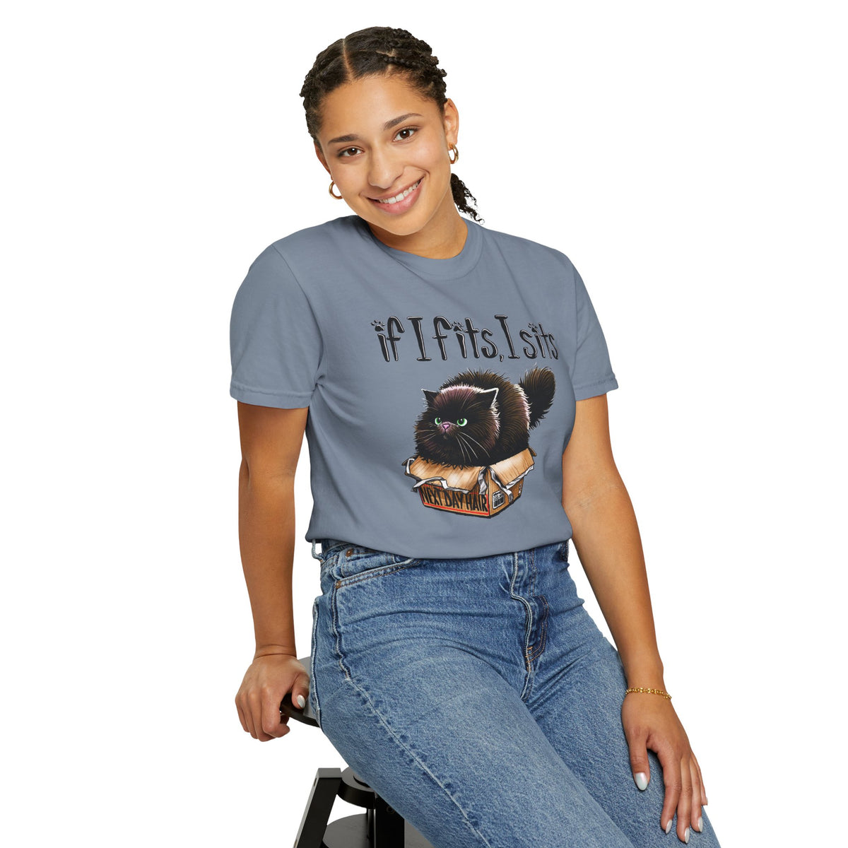 If I Fits I Sits, Cat in a Box - Comfort Colors | Trendy Women's and Men's T-Shirt. Direct to Garment. Printed & Shipped in the USA. Unisex Sizes.
