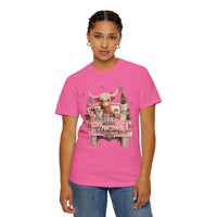 Highland Cow in Pink Truck Merry Christmas Holiday Farmhouse - Comfort Colors | Trendy Women's T-Shirt. Direct to Garment. Printed & Shipped in the USA. Unisex Sizes.