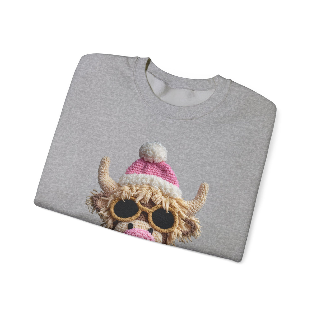 Faux Crochet Highland Cow Bubblegum – Gildan Heavy Blend | Trendy Women’s Soft Sweatshirt. Direct to Garment. Printed & Shipped in the USA. Unisex Sizes.
