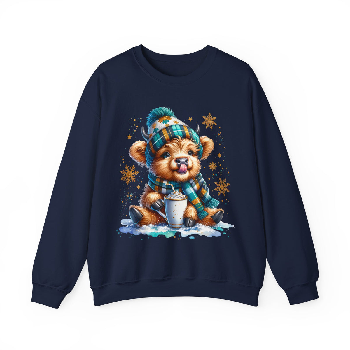 Winter Baby Highland Cow with Cocoa – Gildan Heavy Blend | Trendy Women’s Soft Sweatshirt. Direct to Garment. Printed & Shipped in the USA. Unisex Sizes.