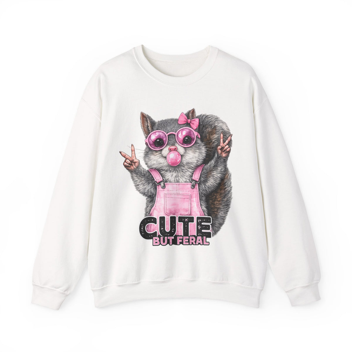 Cute But Feral, Squirrel in Pink Bibs – Gildan Heavy Blend | Trendy Women’s Soft Sweatshirt. Direct to Garment. Printed & Shipped in the USA. Unisex Sizes.