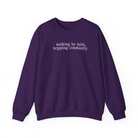 Walking By Faith, Tripping Constantly - Minimalist Design – Gildan Heavy Blend | Trendy Men's and Women’s Soft Sweatshirt. Direct to Garment. Printed & Shipped in the USA. Unisex Sizes.
