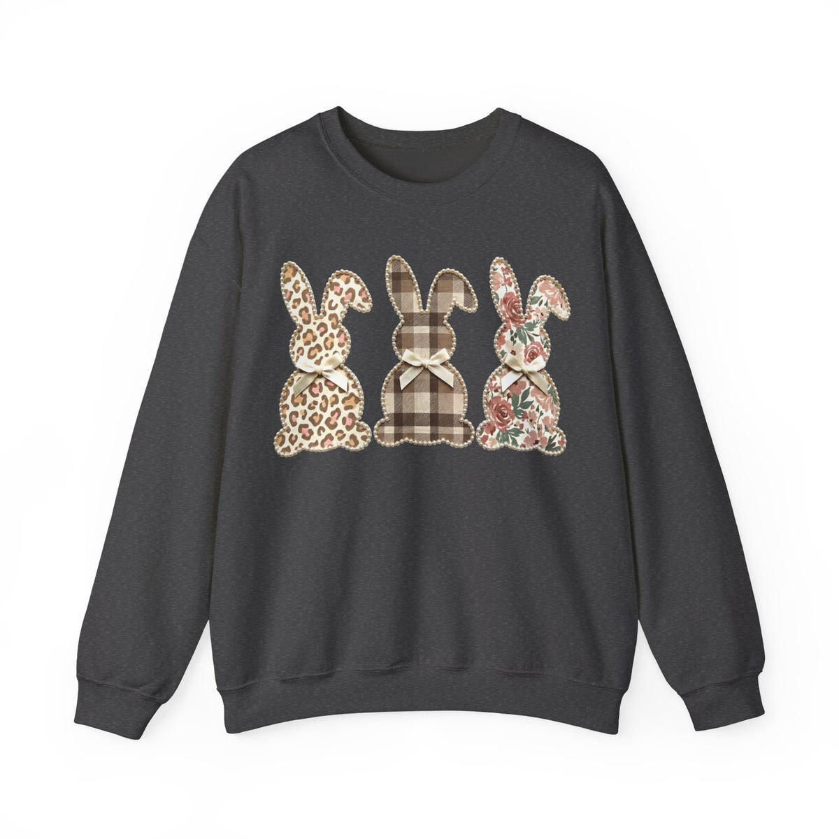 Easter Bunny Trio, Leopard, Plaid & Floral - Faux Pearl Outline – Gildan Heavy Blend | Trendy Women’s Soft Sweatshirt. Direct to Garment. Printed & Shipped in the USA. Unisex Sizes.