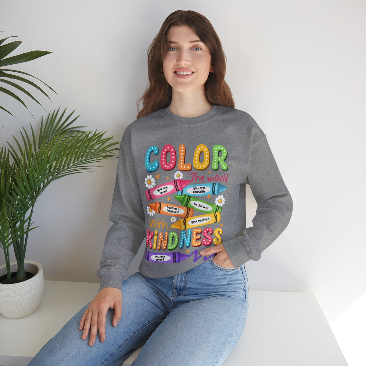 Color the World With Kindness Crayons, Great Teacher Gift – Gildan Heavy Blend | Trendy Women’s and Men's Soft Sweatshirt. Direct to Garment. Printed & Shipped in the USA. Unisex Sizes.