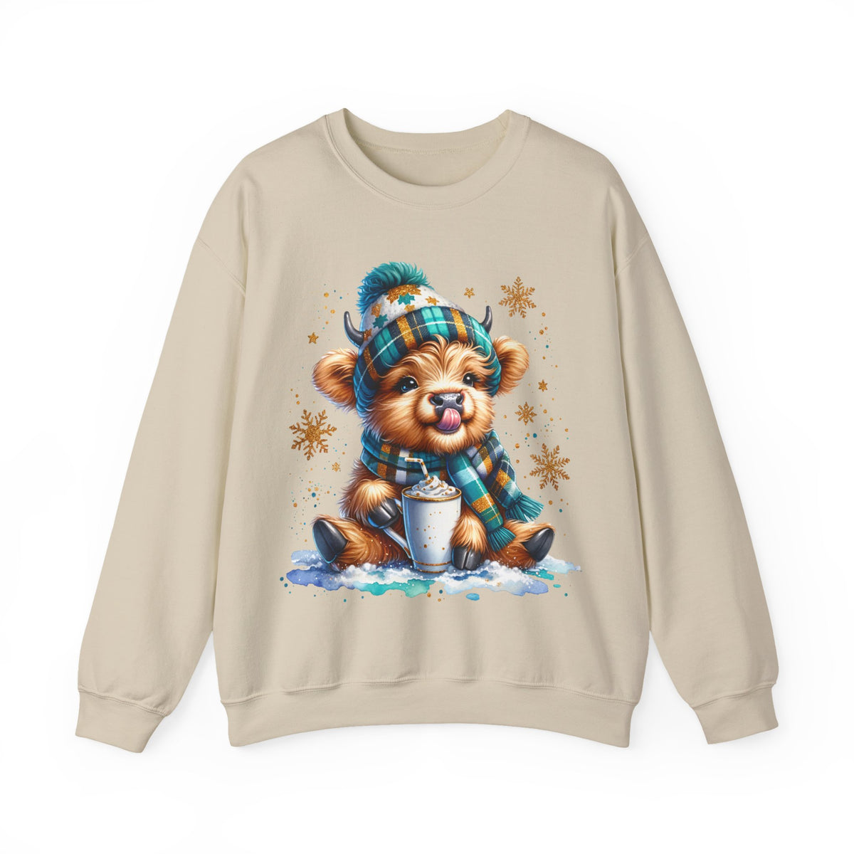 Winter Baby Highland Cow with Cocoa – Gildan Heavy Blend | Trendy Women’s Soft Sweatshirt. Direct to Garment. Printed & Shipped in the USA. Unisex Sizes.