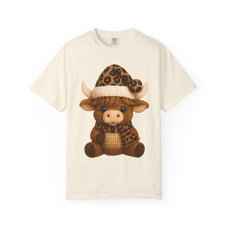 Cute Highland Cow with Leopard Santa Hat Christmas - Comfort Colors | Trendy Women's T-Shirt. Direct to Garment. Printed & Shipped in the USA. Unisex Sizes.