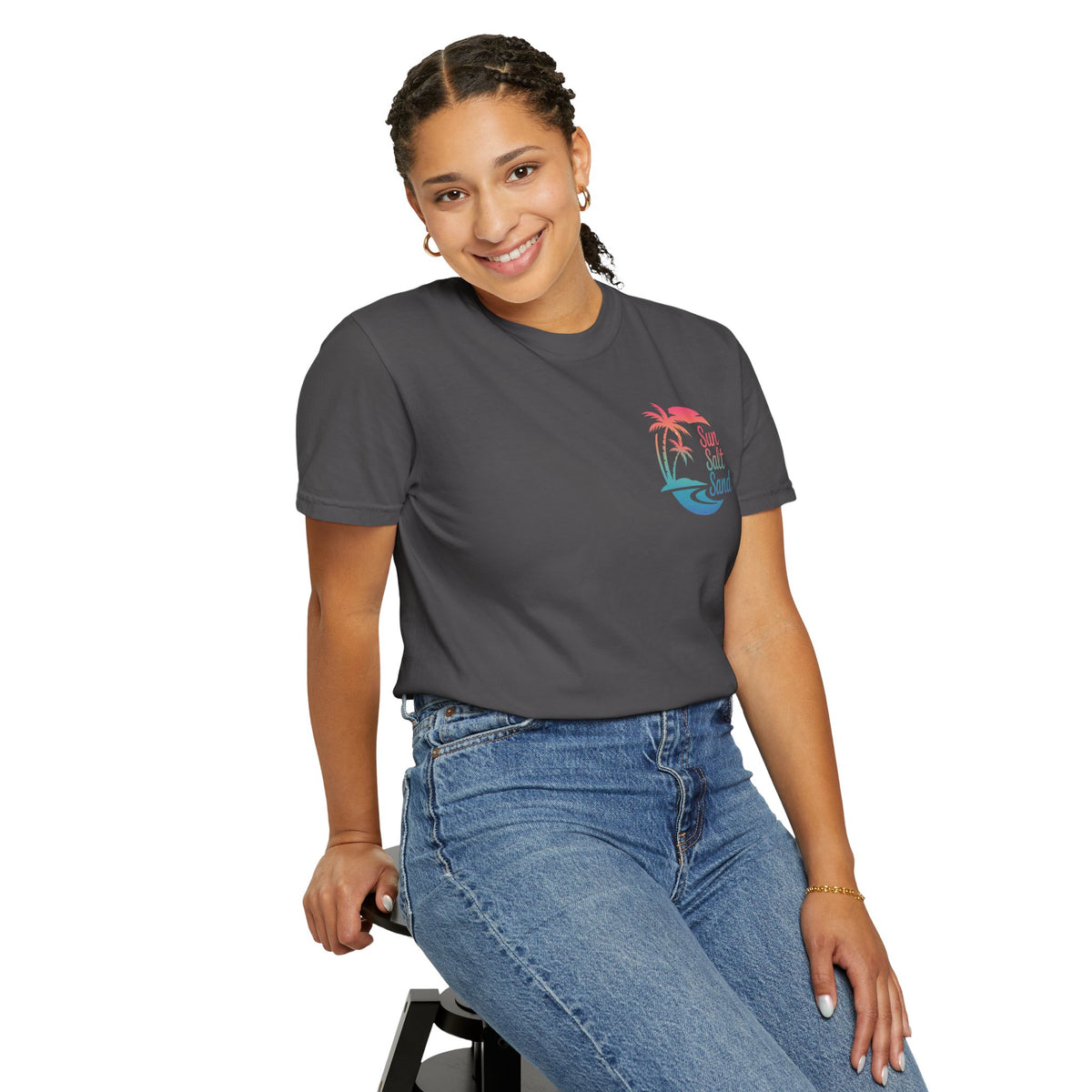 Sun Salt Sand, Beach Sunset - Front & Back Print - Comfort Colors | Trendy Women's and Men's T-Shirt. Direct to Garment. Printed & Shipped in the USA. Unisex Sizes.