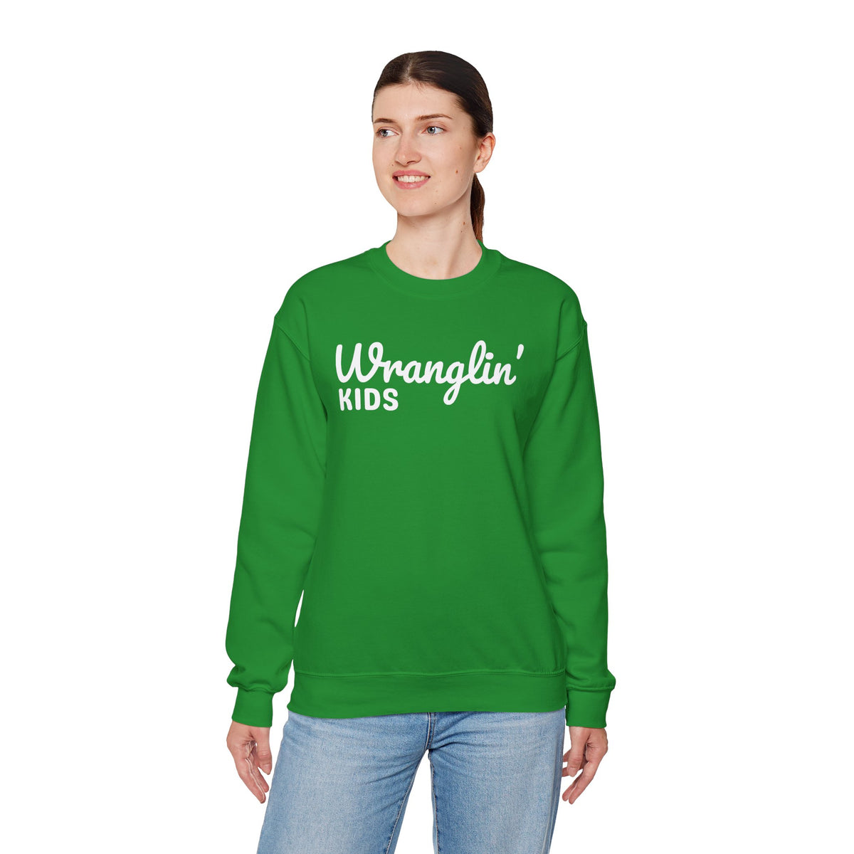 Wranglin' Kids Funny Mom Dad – Gildan Heavy Blend | Trendy Women’s and Men's Soft Sweatshirt. Direct to Garment. Printed & Shipped in the USA. Unisex Sizes.