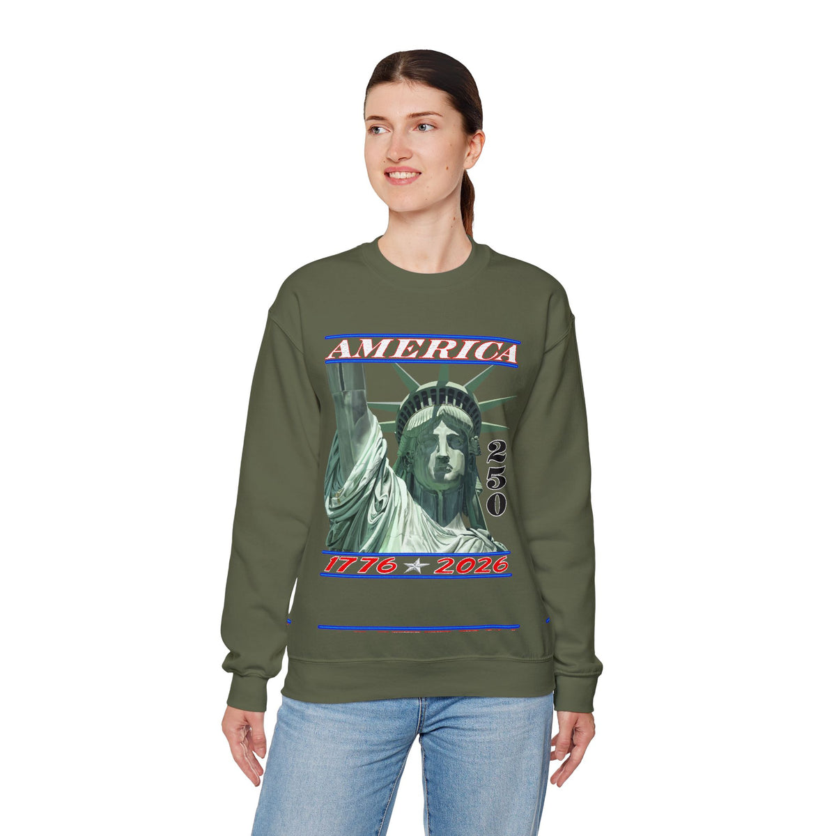 America's 250th Birthday, Statue of Liberty – Gildan Heavy Blend | Trendy Men's and Women’s Soft Sweatshirt. Direct to Garment. Printed & Shipped in the USA. Unisex Sizes.