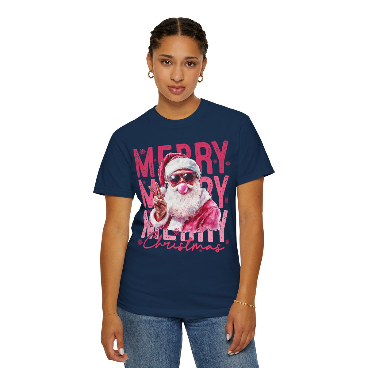 Pink Merry Christmas Bubblegum Santa - Comfort Colors | Trendy Women's T-Shirt. Direct to Garment. Printed & Shipped in the USA. Unisex Sizes.