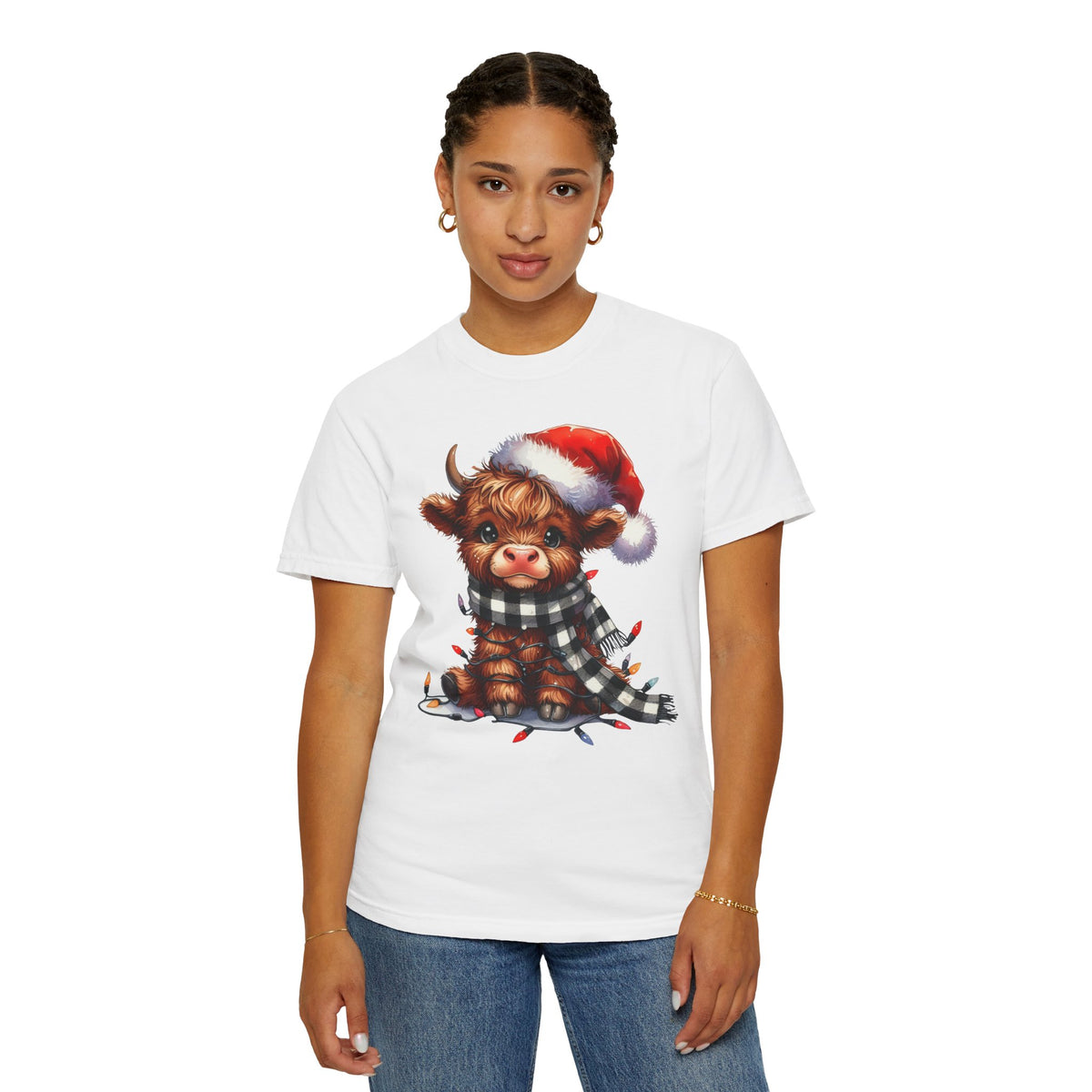 Cute Highland Cow Santa Hat Scarf Christmas Lights - Comfort Colors | Trendy Unisex T-Shirt. Direct to Garment. Printed & Shipped in the USA. Unisex Sizes.