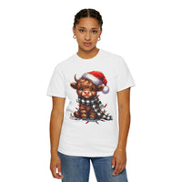 Cute Highland Cow Santa Hat Scarf Christmas Lights - Comfort Colors | Trendy Unisex T-Shirt. Direct to Garment. Printed & Shipped in the USA. Unisex Sizes.