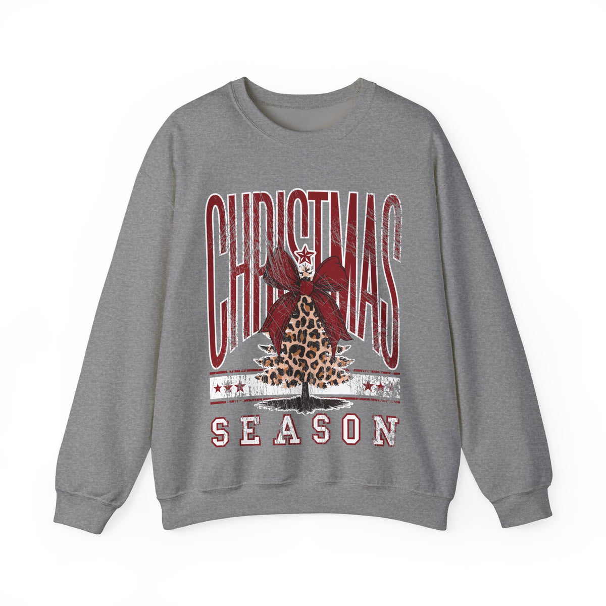 Christmas Season Leopard Tree Distressed – Gildan Heavy Blend | Trendy Women’s Soft Sweatshirt. Direct to Garment. Printed & Shipped in the USA. Unisex Sizes.