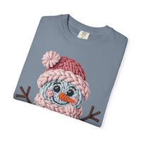 Cute Yarn Snowman - Pink Scarf - Comfort Colors | Trendy Women's T-Shirt. Direct to Garment. Printed & Shipped in the USA. Unisex Sizes.