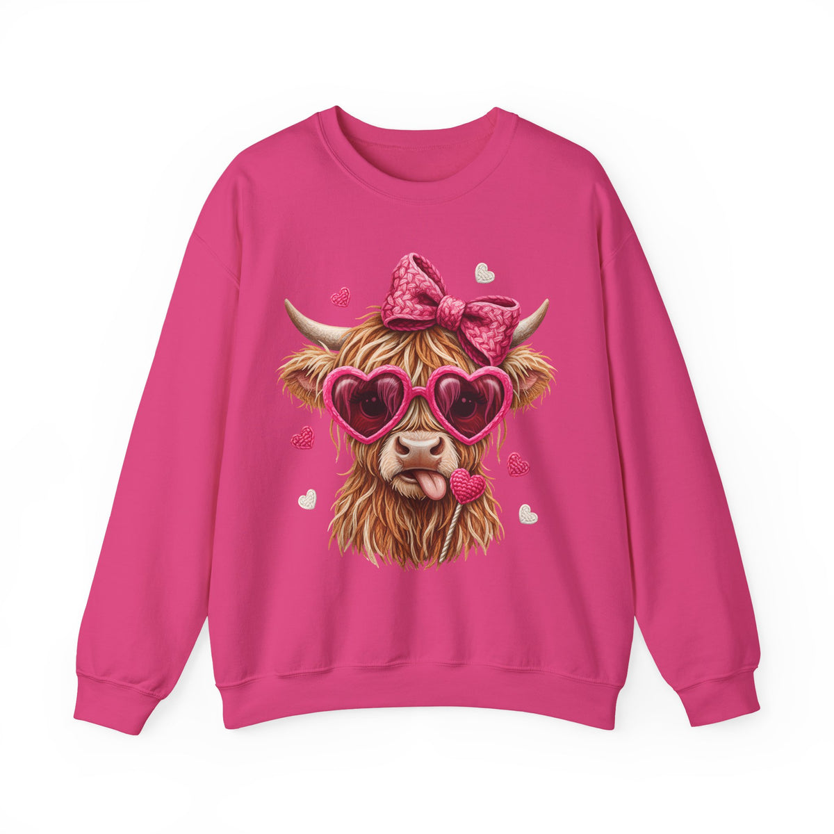 Highland Cow - Pink Heart Shaped Glasses – Gildan Heavy Blend | Trendy Women’s Soft Sweatshirt. Direct to Garment. Printed & Shipped in the USA. Unisex Sizes.