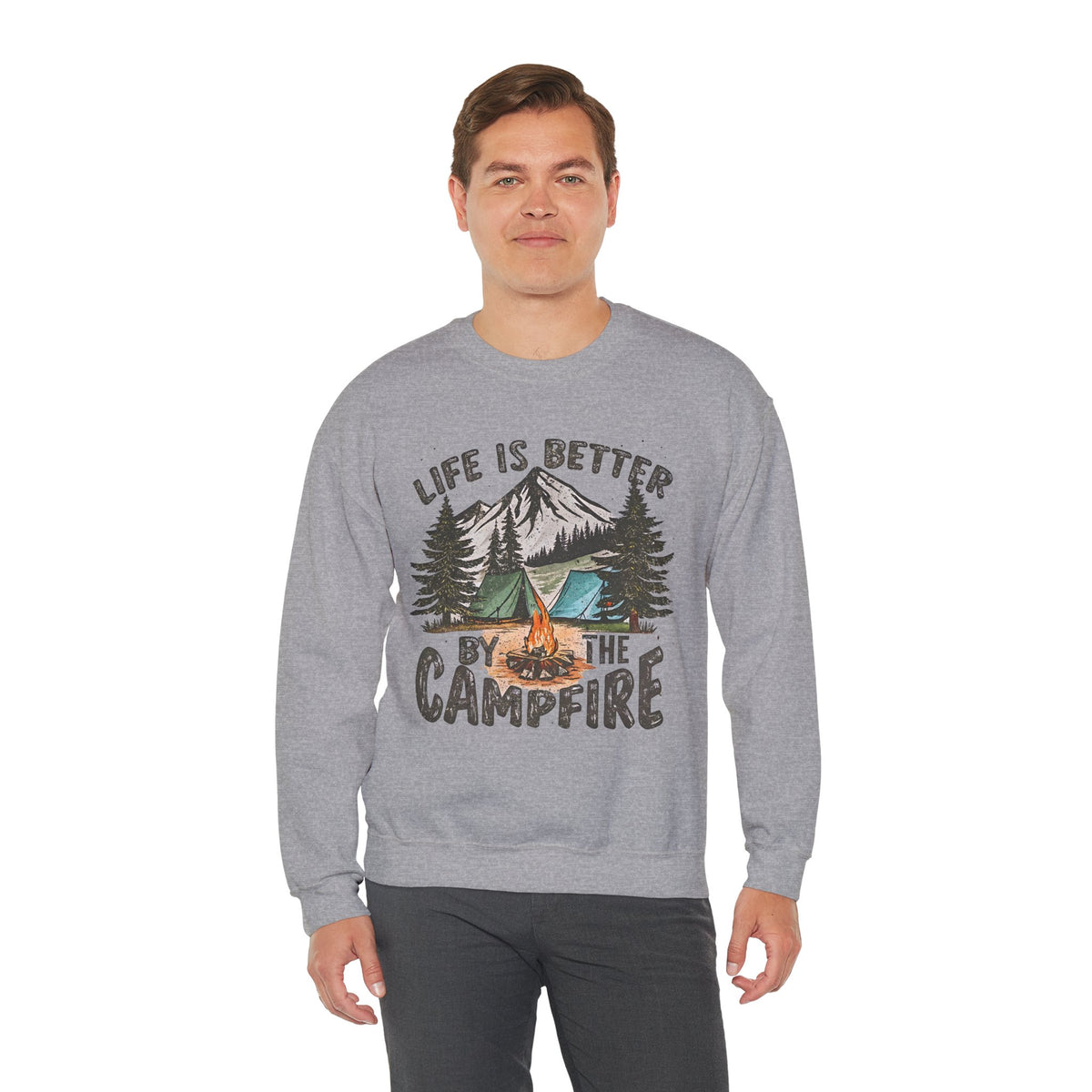 Life is Better By the Campfire – Gildan Heavy Blend | Trendy Women’s and Men's Soft Sweatshirt. Direct to Garment. Printed & Shipped in the USA. Unisex Sizes.