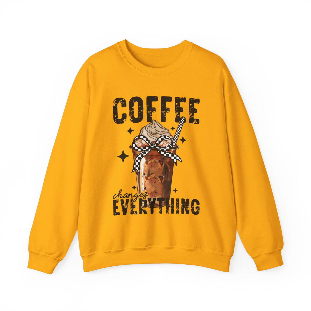 Coffee Changes Everything, Iced Coffee, Coffee Lovers – Gildan Heavy Blend | Trendy Women’s Soft Sweatshirt. Direct to Garment. Printed & Shipped in the USA. Unisex Sizes.