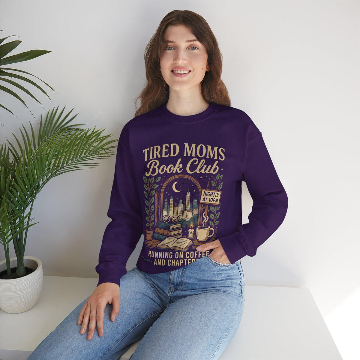 Tired Moms Book Club Running on Coffee and Chapters – Gildan Heavy Blend | Trendy Women’s Soft Sweatshirt. Direct to Garment. Printed & Shipped in the USA. Unisex Sizes.