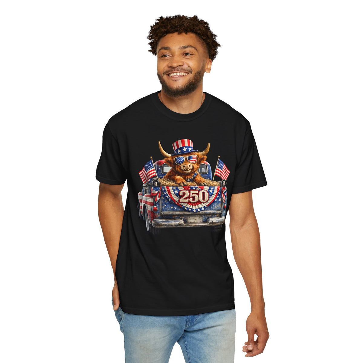 Patriotic Highland, America's 250th Birthday - Comfort Colors | Trendy Women's and Men's T-Shirt. Direct to Garment. Printed & Shipped in the USA. Unisex Sizes.