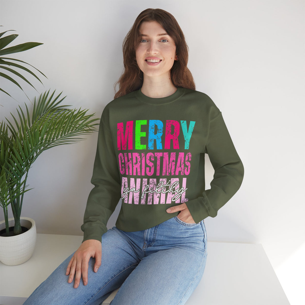 Merry Christmas Ya Filthy Animal – Gildan Heavy Blend | Trendy Women’s Soft Sweatshirt. Direct to Garment. Printed & Shipped in the USA. Unisex Sizes.