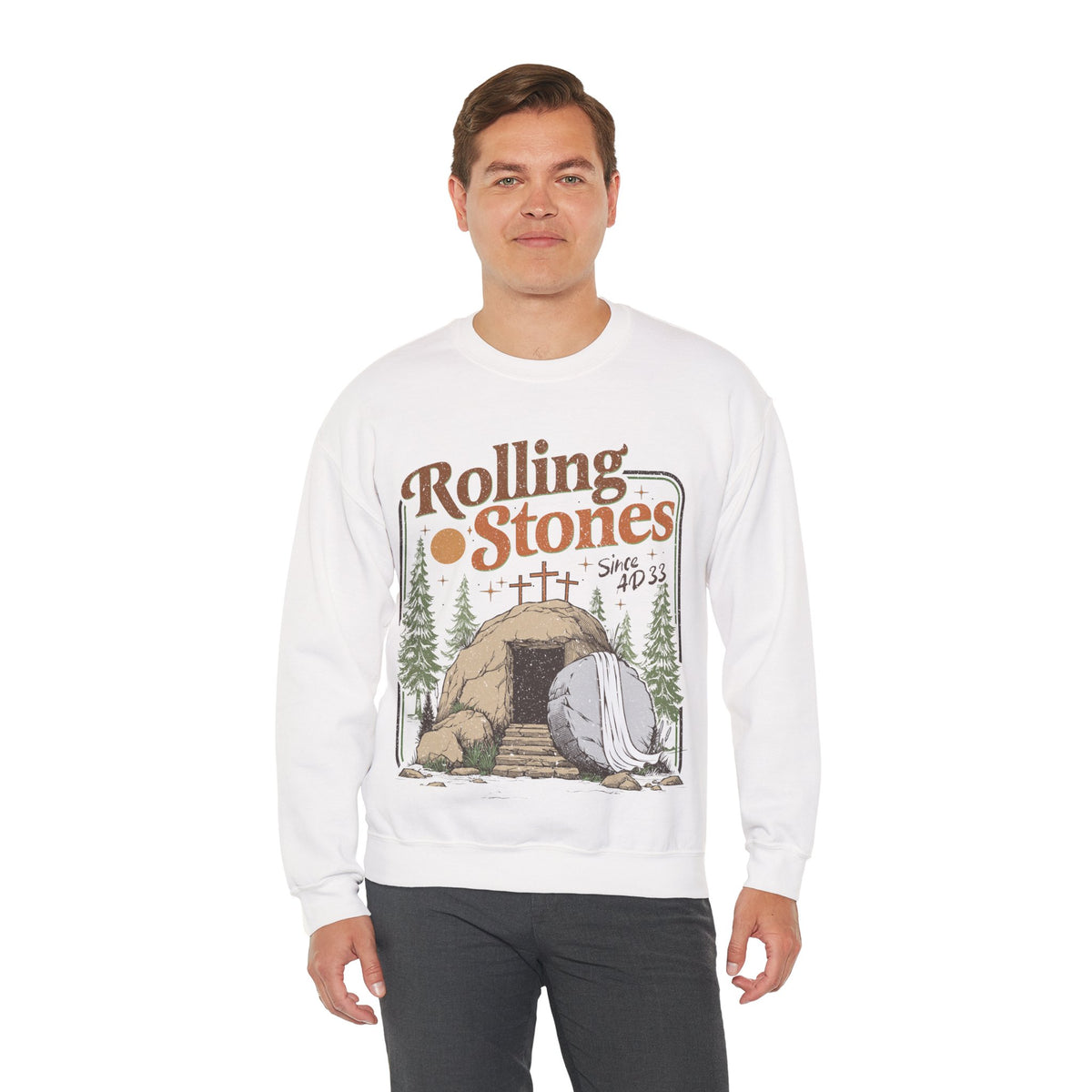 Rolling Stones "Since AD33" Easter Empty Tomb Christian – Gildan Heavy Blend | Trendy Men's and Women’s Soft Sweatshirt. Direct to Garment. Printed & Shipped in the USA. Unisex Sizes.