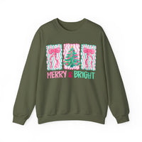 Merry & Bright Christmas - Pink & Green Holiday Tree Design – Gildan Heavy Blend | Trendy Women’s Soft Sweatshirt. Direct to Garment. Printed & Shipped in the USA. Unisex Sizes.