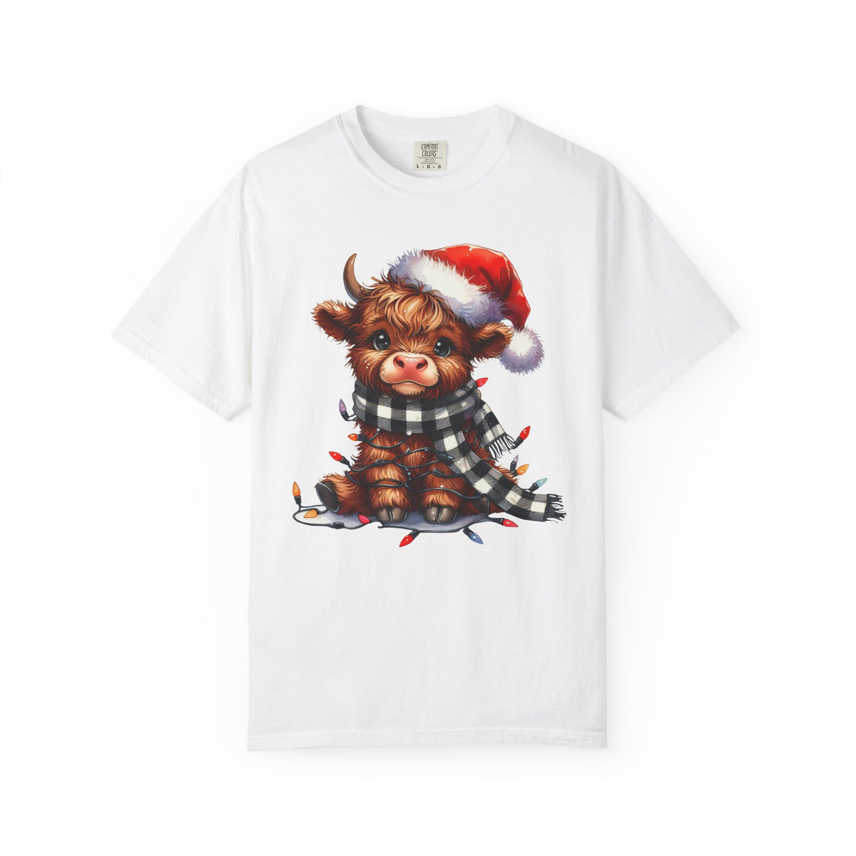 Cute Highland Cow Santa Hat Scarf Christmas Lights - Comfort Colors | Trendy Unisex T-Shirt. Direct to Garment. Printed & Shipped in the USA. Unisex Sizes.
