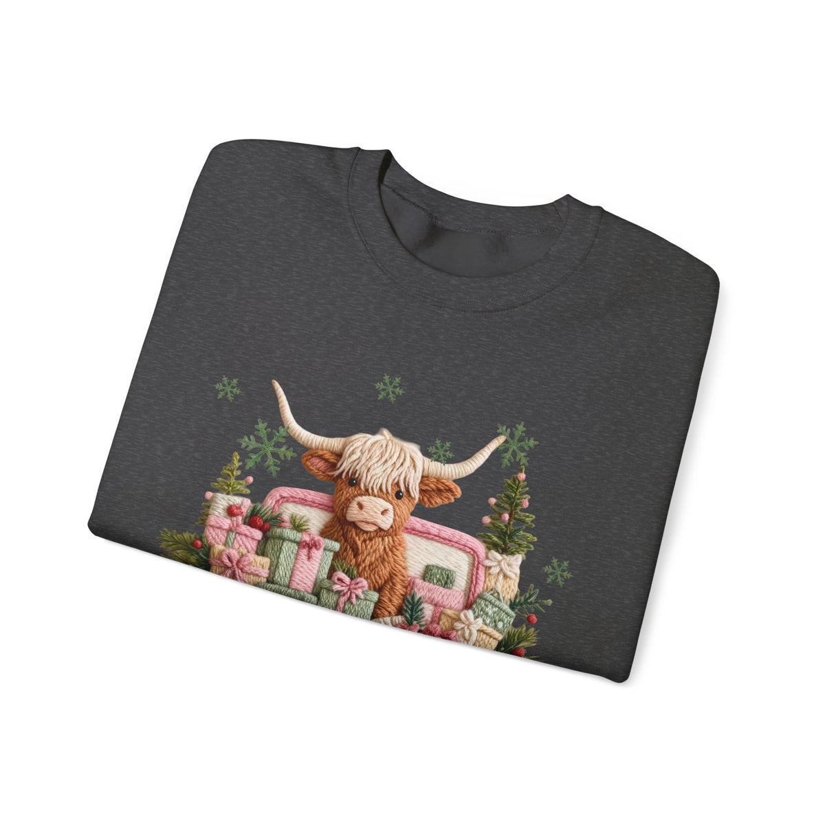 Highland Cow in Pink Truck Merry Christmas Holiday Farmhouse – Gildan Heavy Blend | Trendy Women’s Soft Sweatshirt. Direct to Garment. Printed & Shipped in the USA. Unisex Sizes.