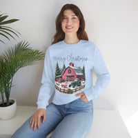 Merry Christmas Pink Barn Farm Animals – Gildan Heavy Blend | Trendy Women’s Soft Sweatshirt. Direct to Garment. Printed & Shipped in the USA. Unisex Sizes.