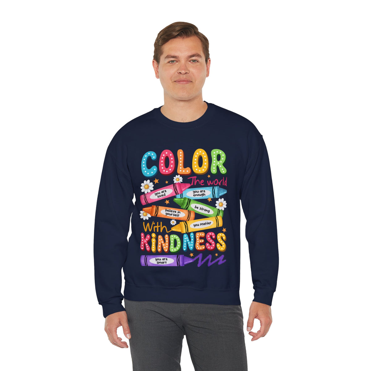 Color the World With Kindness Crayons, Great Teacher Gift – Gildan Heavy Blend | Trendy Women’s and Men's Soft Sweatshirt. Direct to Garment. Printed & Shipped in the USA. Unisex Sizes.
